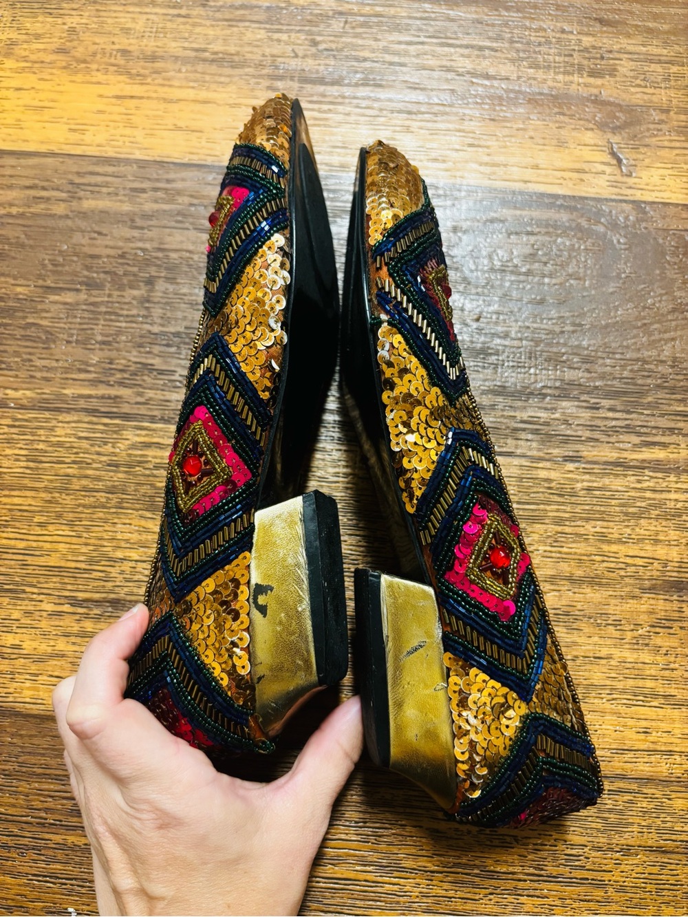 Women's Embellished Pointed Ballet Flat - Black & Gold with Pink Accents - Picture 9 of 10